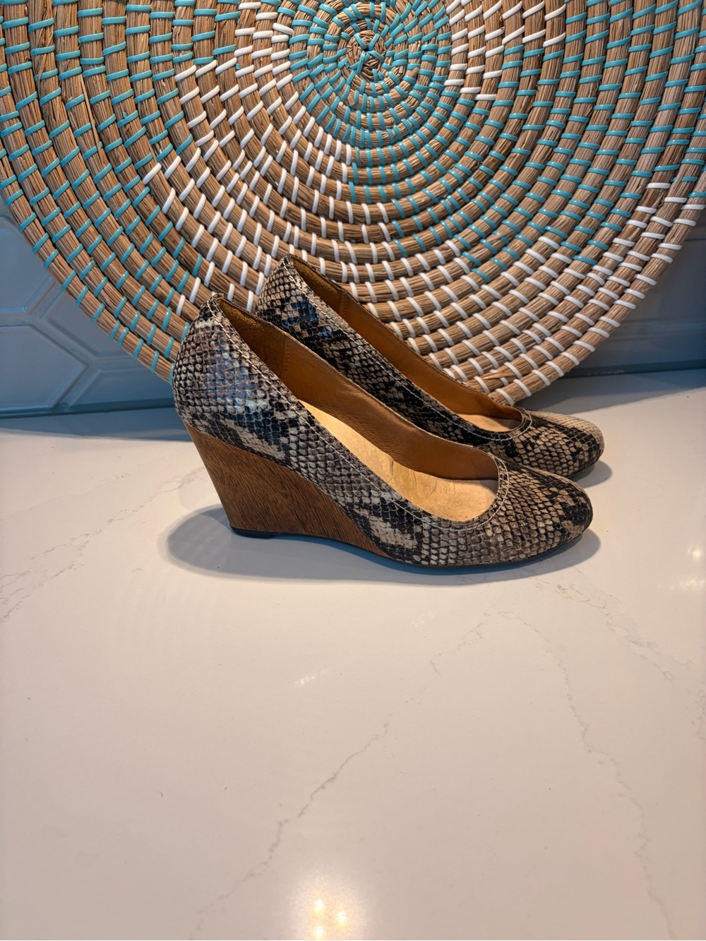 Clarks Snakeskin-Print Wood Wedge Heel Pumps